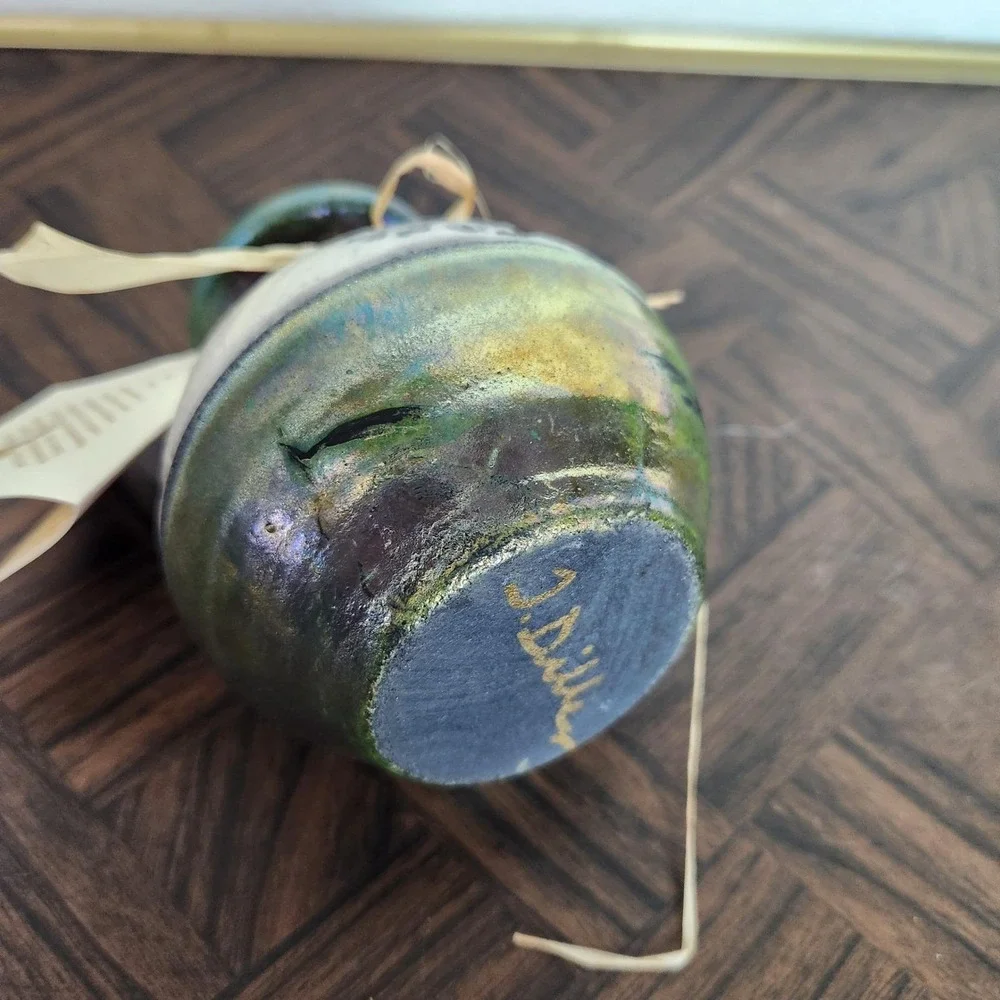 Vintage‎ Kokapelli iridescent green pottery vase Earth & Fire